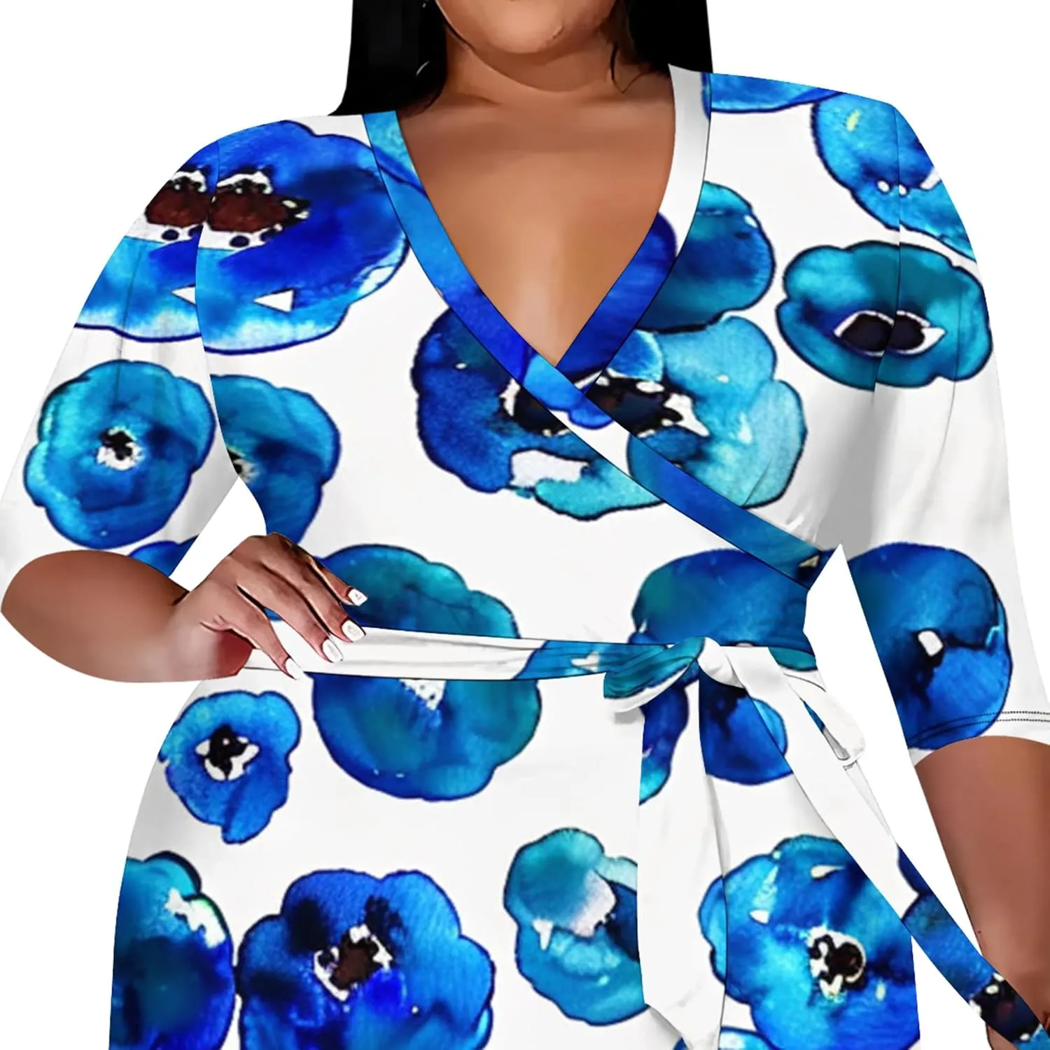 Plus Size Women Casual Loose Bohemian Floral Midi Dress with Belt 3/4 Sleeve V Neck Swing Sundress Travel Vacation Outfit