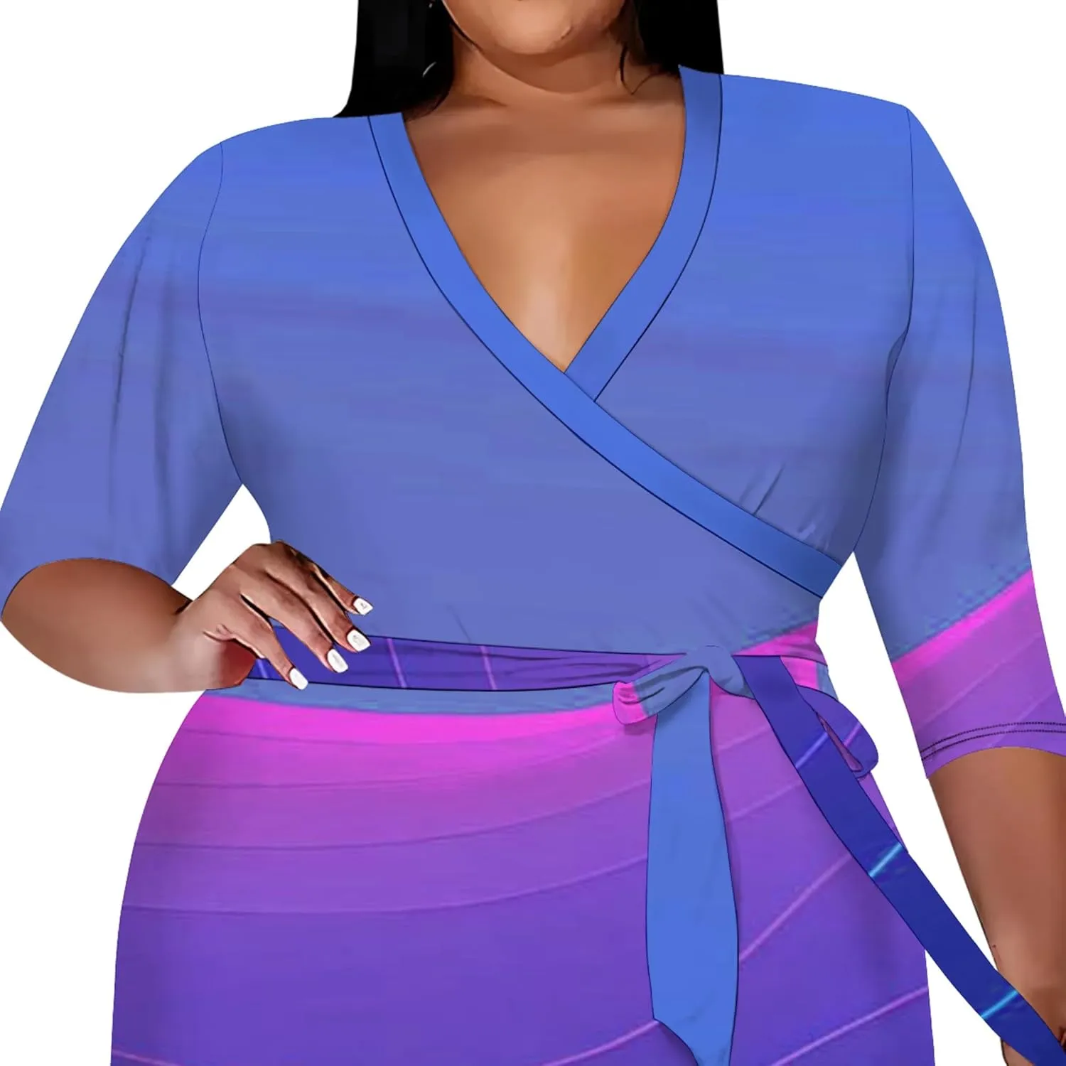 Plus Size Women Casual Loose Bohemian Floral Midi Dress with Belt 3/4 Sleeve V Neck Swing Sundress Travel Vacation Outfit