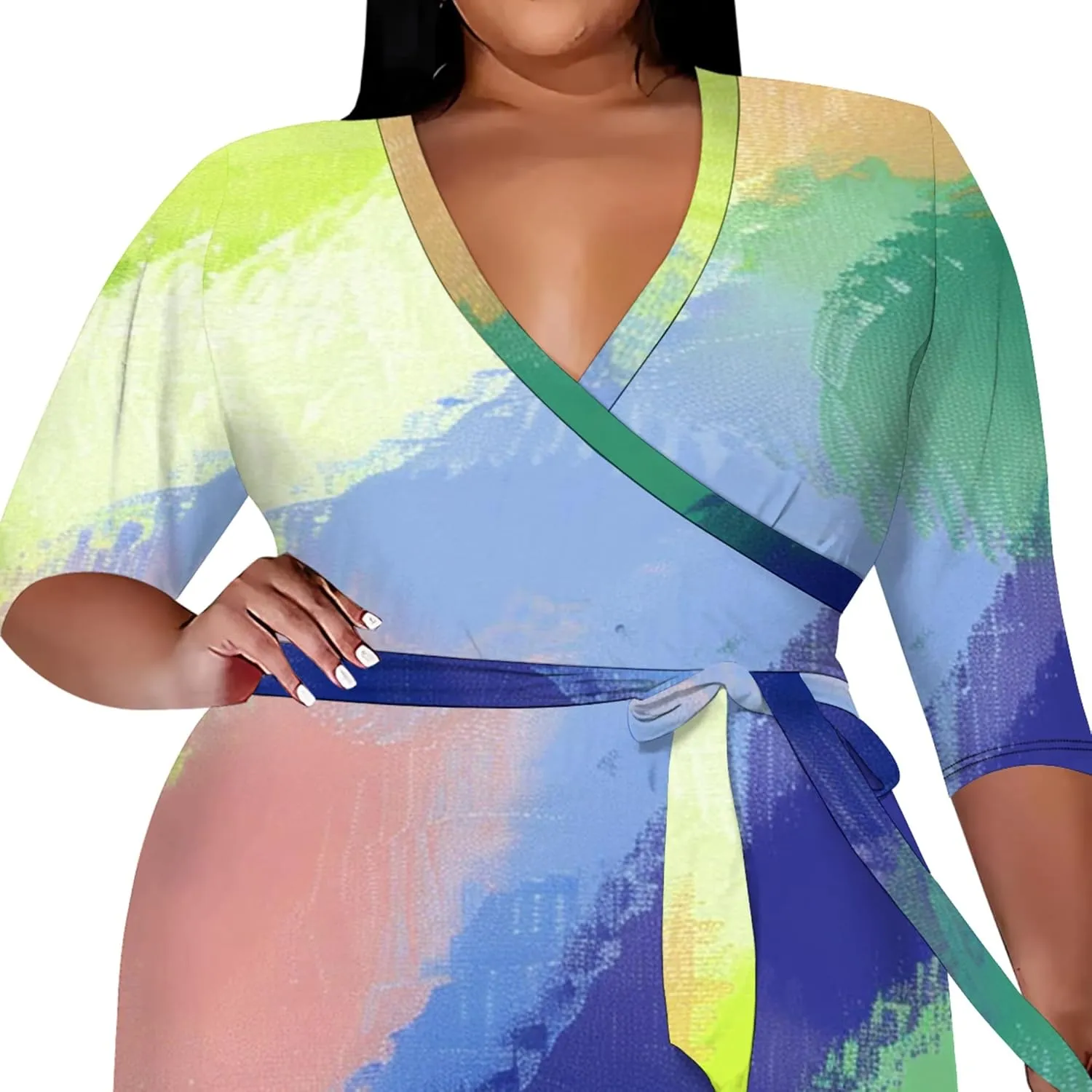 Plus Size Women Casual Loose Bohemian Floral Midi Dress with Belt 3/4 Sleeve V Neck Swing Sundress Travel Vacation Outfit
