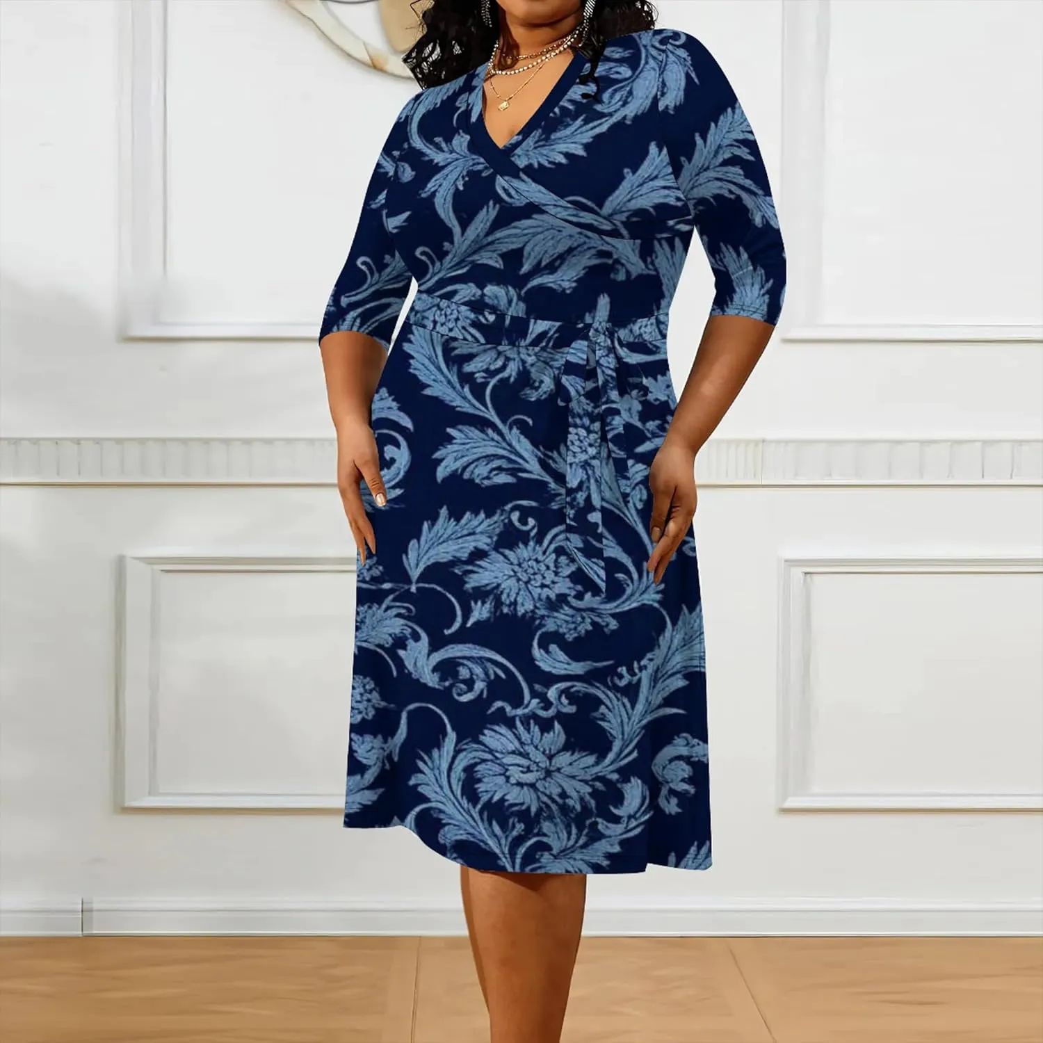 Plus Size Women Casual Loose Bohemian Floral Midi Dress with Belt 3/4 Sleeve V Neck Swing Sundress Travel Vacation Outfit