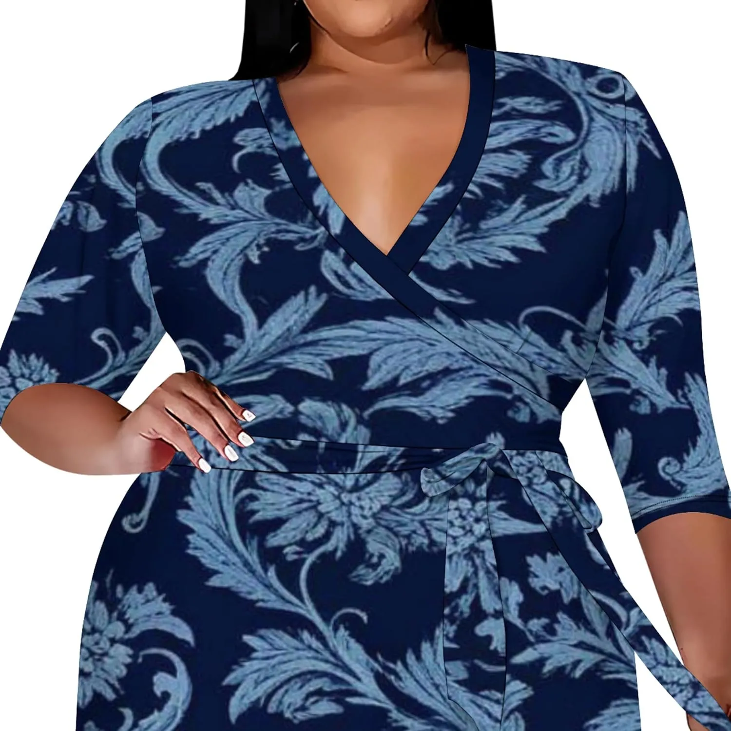 Plus Size Women Casual Loose Bohemian Floral Midi Dress with Belt 3/4 Sleeve V Neck Swing Sundress Travel Vacation Outfit