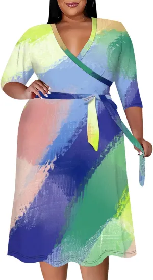 Plus Size Women Casual Loose Bohemian Floral Midi Dress with Belt 3/4 Sleeve V Neck Swing Sundress Travel Vacation Outfit