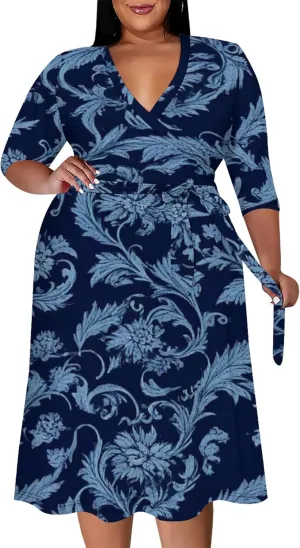 Plus Size Women Casual Loose Bohemian Floral Midi Dress with Belt 3/4 Sleeve V Neck Swing Sundress Travel Vacation Outfit