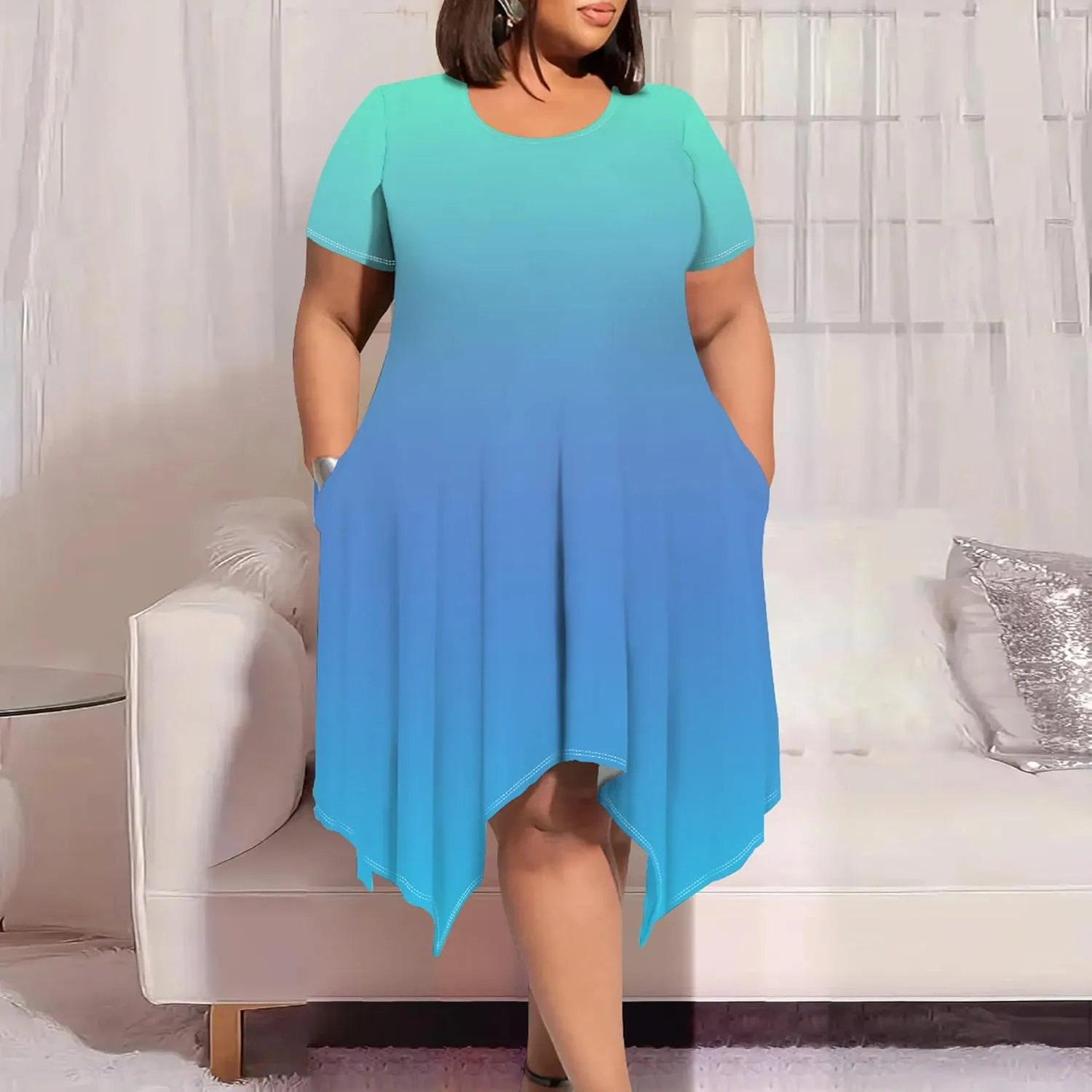 Plus Size Women Casual Loose Crewneck Short Sleeve Swing Midi Tunic Dresses Solid Color T-Shirt Dress with Pockets