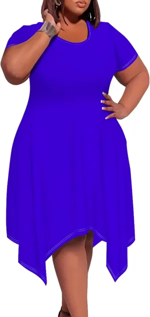 Plus Size Women Casual Loose Crewneck Short Sleeve Swing Midi Tunic Dresses Solid Color T-Shirt Dress with Pockets
