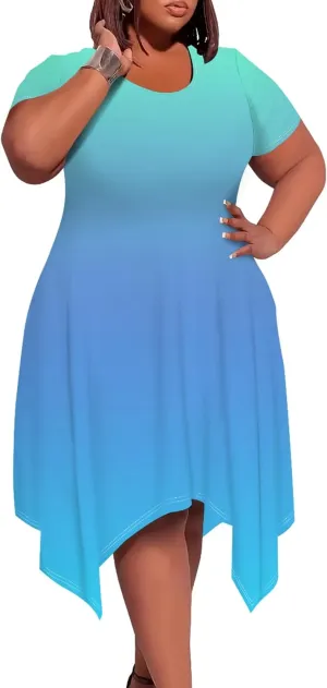 Plus Size Women Casual Loose Crewneck Short Sleeve Swing Midi Tunic Dresses Solid Color T-Shirt Dress with Pockets