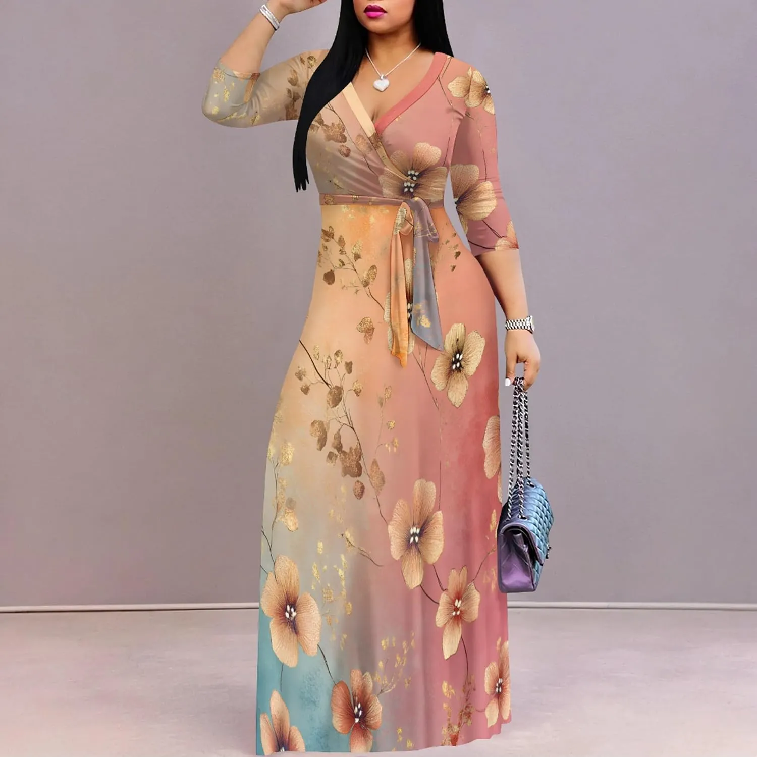 Plus Size Women's Maxi Dress Ethnic Print Long Dress Fashion Sexy Deep V Neck 3/4 Sleeves Autumn Dress with Belt