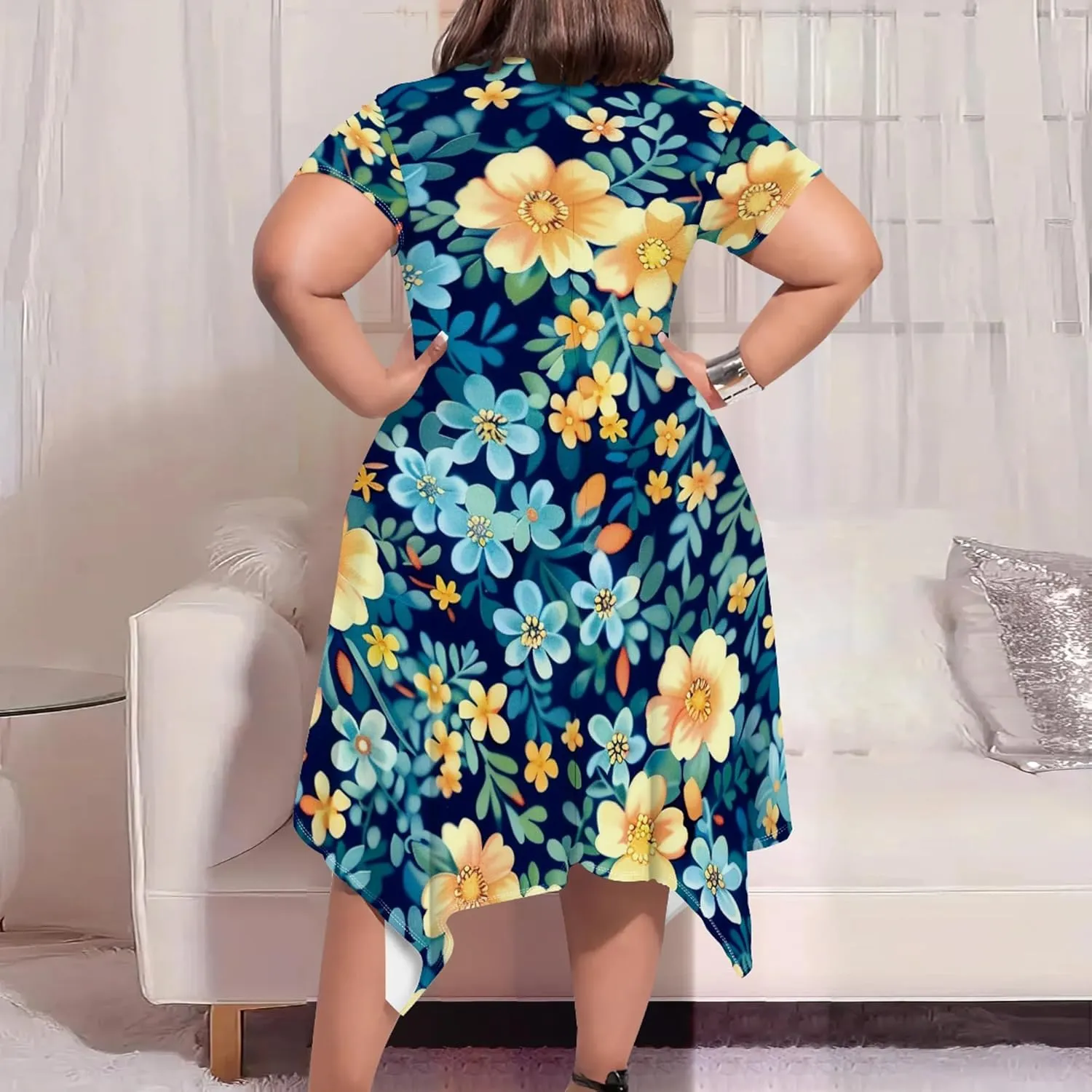 Plus Size Womens Summer Casual T Shirt Midi Dresses Crewneck Short Sleeve Swing Tunic Sundresses with Pockets Dress