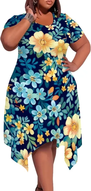 Plus Size Womens Summer Casual T Shirt Midi Dresses Crewneck Short Sleeve Swing Tunic Sundresses with Pockets Dress