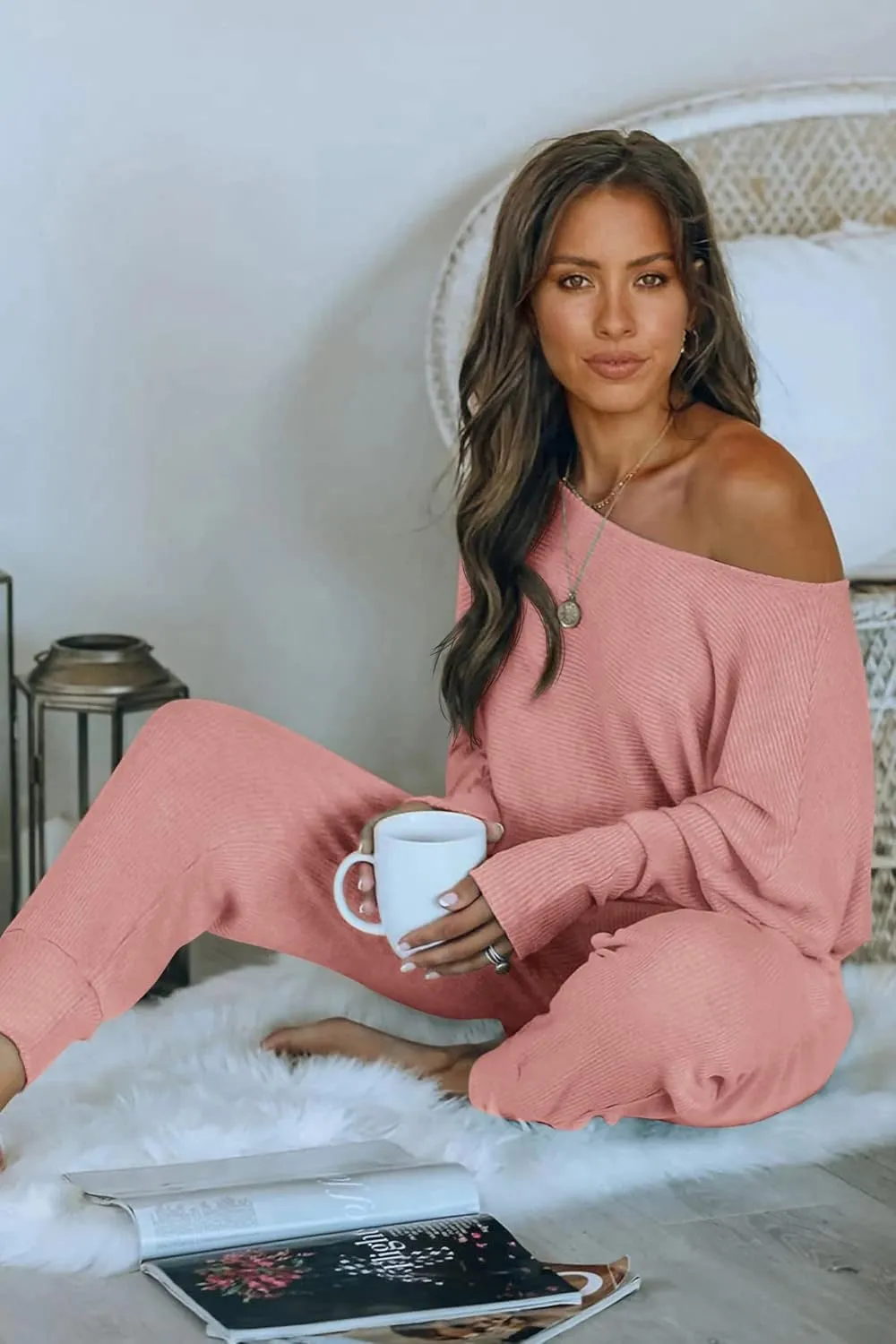PRETTYGARDEN Women's 2 Piece Ribbed Tracksuit Outfits Off Shoulder Long Sleeve Pullover Lounge Pants with Pockets