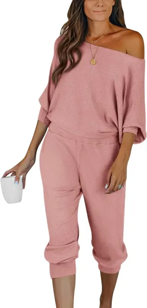 PRETTYGARDEN Women's 2 Piece Ribbed Tracksuit Outfits Off Shoulder Long Sleeve Pullover Lounge Pants with Pockets