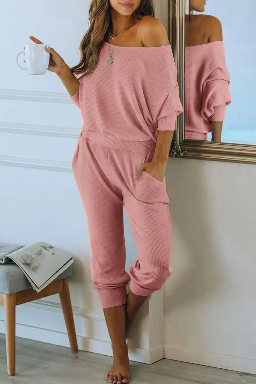 PRETTYGARDEN Women's 2 Piece Ribbed Tracksuit Outfits Off Shoulder Long Sleeve Pullover Lounge Pants with Pockets