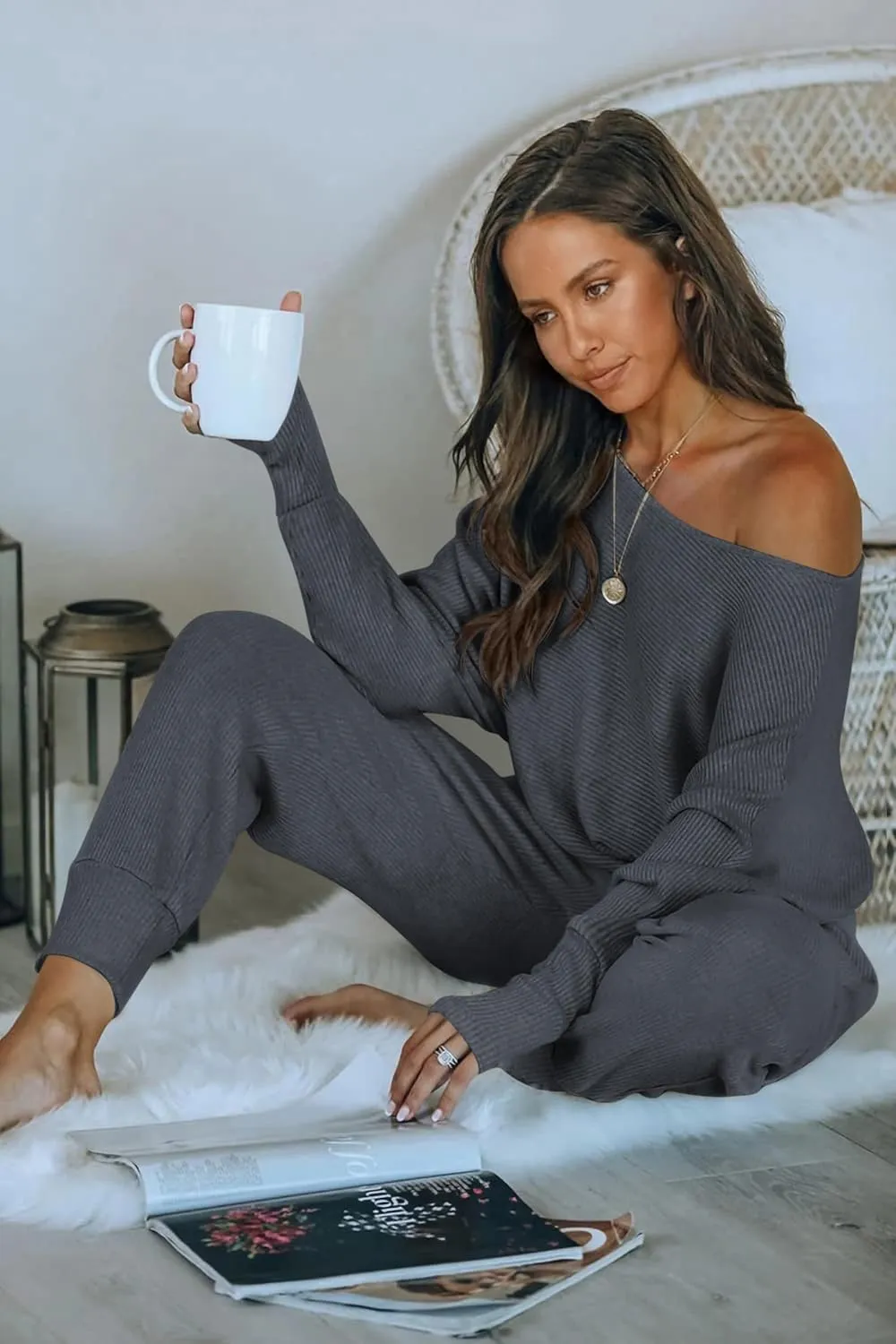 PRETTYGARDEN Women's 2 Piece Ribbed Tracksuit Outfits Off Shoulder Long Sleeve Pullover Lounge Pants with Pockets