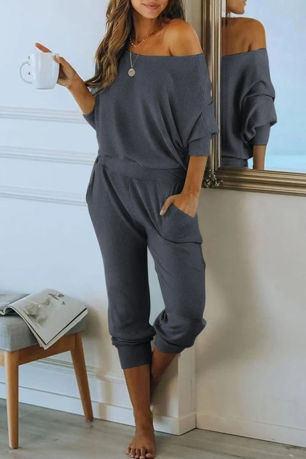 PRETTYGARDEN Women's 2 Piece Ribbed Tracksuit Outfits Off Shoulder Long Sleeve Pullover Lounge Pants with Pockets