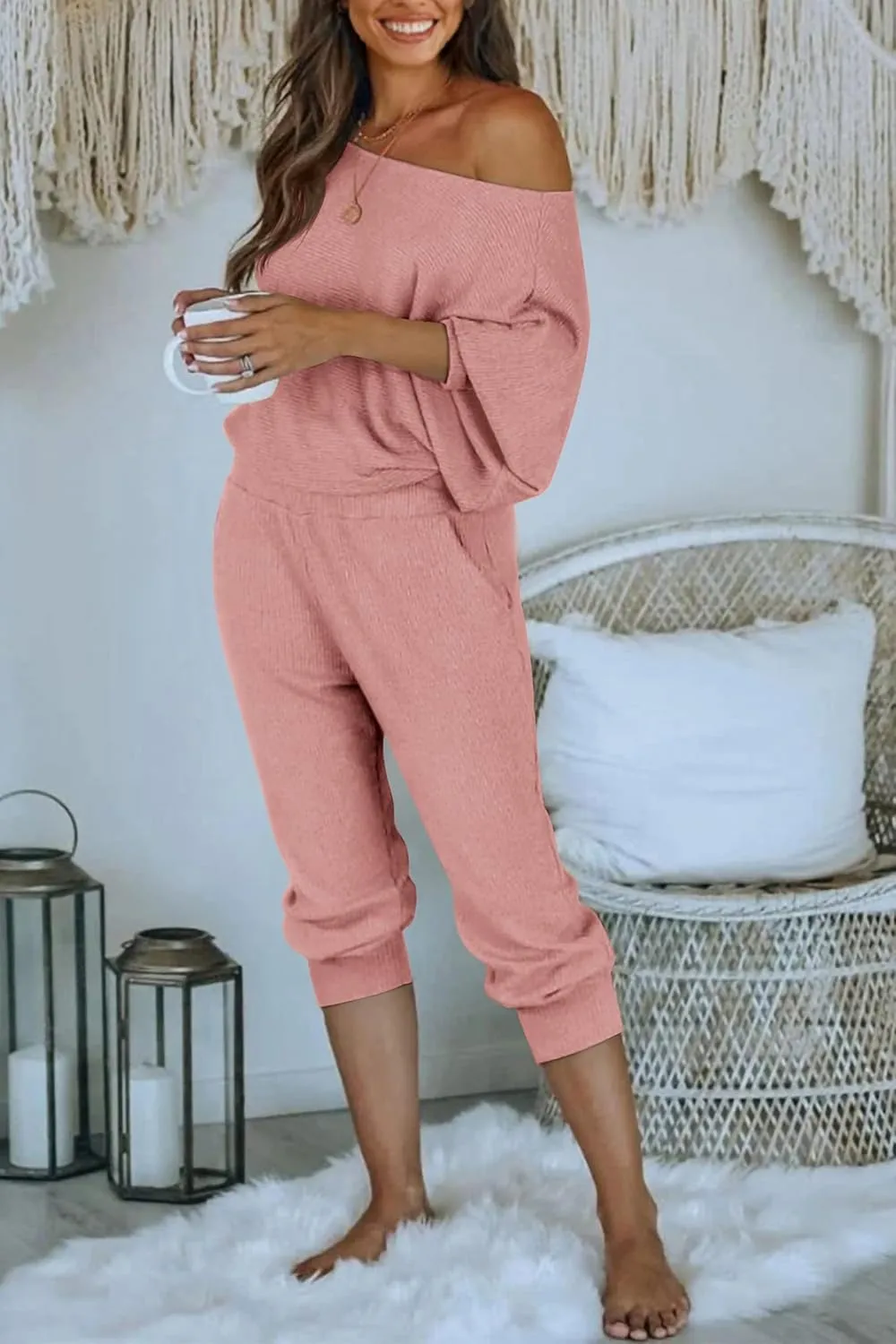 PRETTYGARDEN Women's 2 Piece Ribbed Tracksuit Outfits Off Shoulder Long Sleeve Pullover Lounge Pants with Pockets