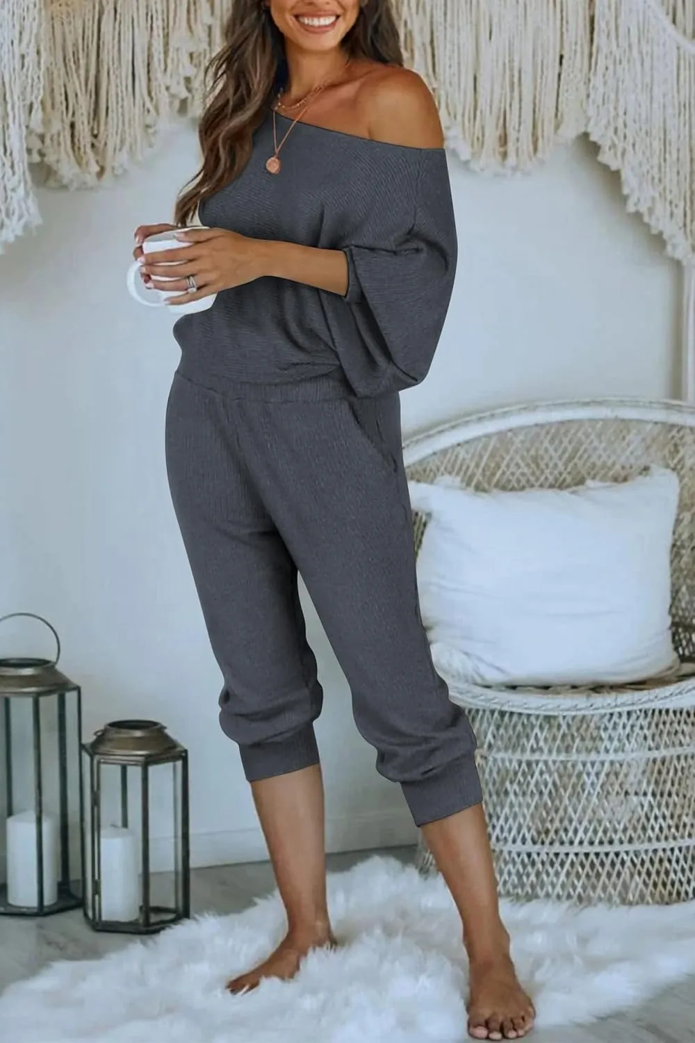 PRETTYGARDEN Women's 2 Piece Ribbed Tracksuit Outfits Off Shoulder Long Sleeve Pullover Lounge Pants with Pockets