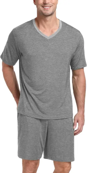 PrinStory Men's Pajama Set Sleepwear Pjs Lightweight Quick Dry Short Sleeve V-Neck Shirts and Shorts Soft Comfy Sleep Sets