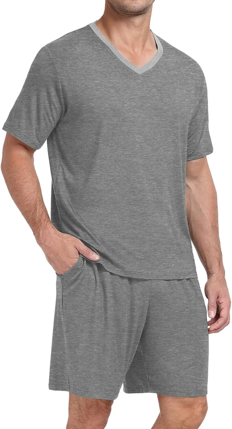 PrinStory Men's Pajama Set Sleepwear Pjs Lightweight Quick Dry Short Sleeve V-Neck Shirts and Shorts Soft Comfy Sleep Sets