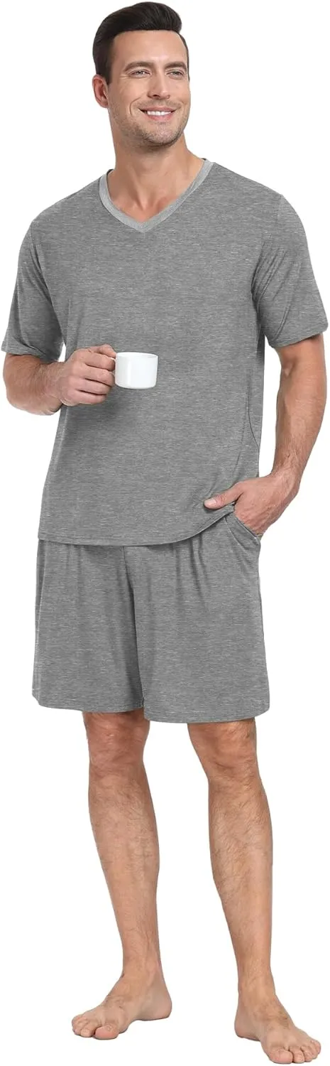 PrinStory Men's Pajama Set Sleepwear Pjs Lightweight Quick Dry Short Sleeve V-Neck Shirts and Shorts Soft Comfy Sleep Sets