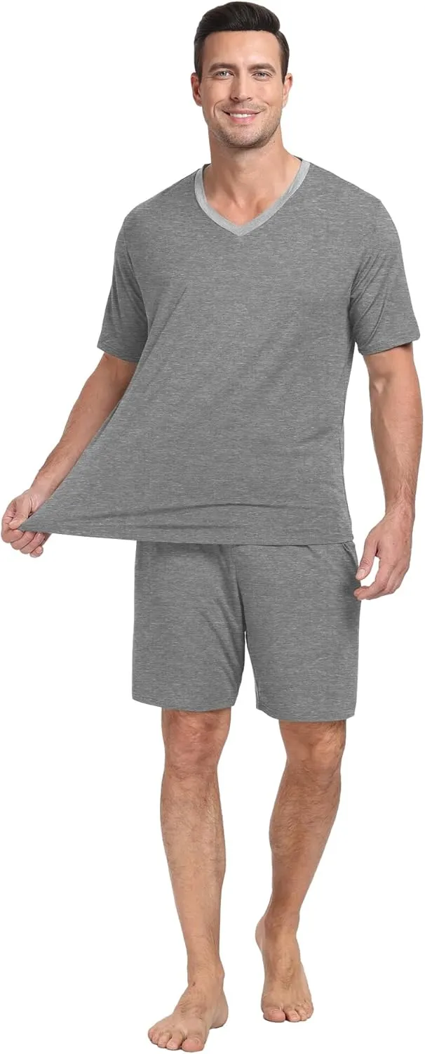 PrinStory Men's Pajama Set Sleepwear Pjs Lightweight Quick Dry Short Sleeve V-Neck Shirts and Shorts Soft Comfy Sleep Sets