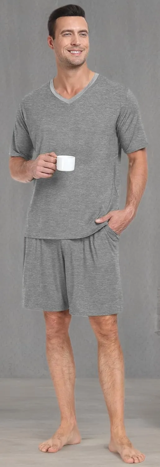PrinStory Men's Pajama Set Sleepwear Pjs Lightweight Quick Dry Short Sleeve V-Neck Shirts and Shorts Soft Comfy Sleep Sets