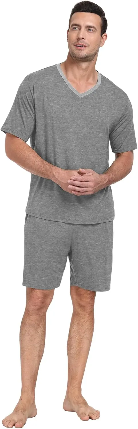 PrinStory Men's Pajama Set Sleepwear Pjs Lightweight Quick Dry Short Sleeve V-Neck Shirts and Shorts Soft Comfy Sleep Sets