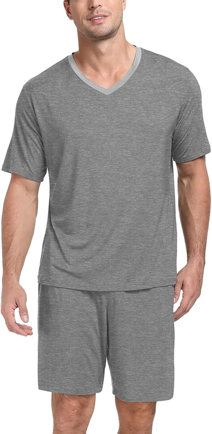 PrinStory Men's Pajama Set Sleepwear Pjs Lightweight Quick Dry Short Sleeve V-Neck Shirts and Shorts Soft Comfy Sleep Sets