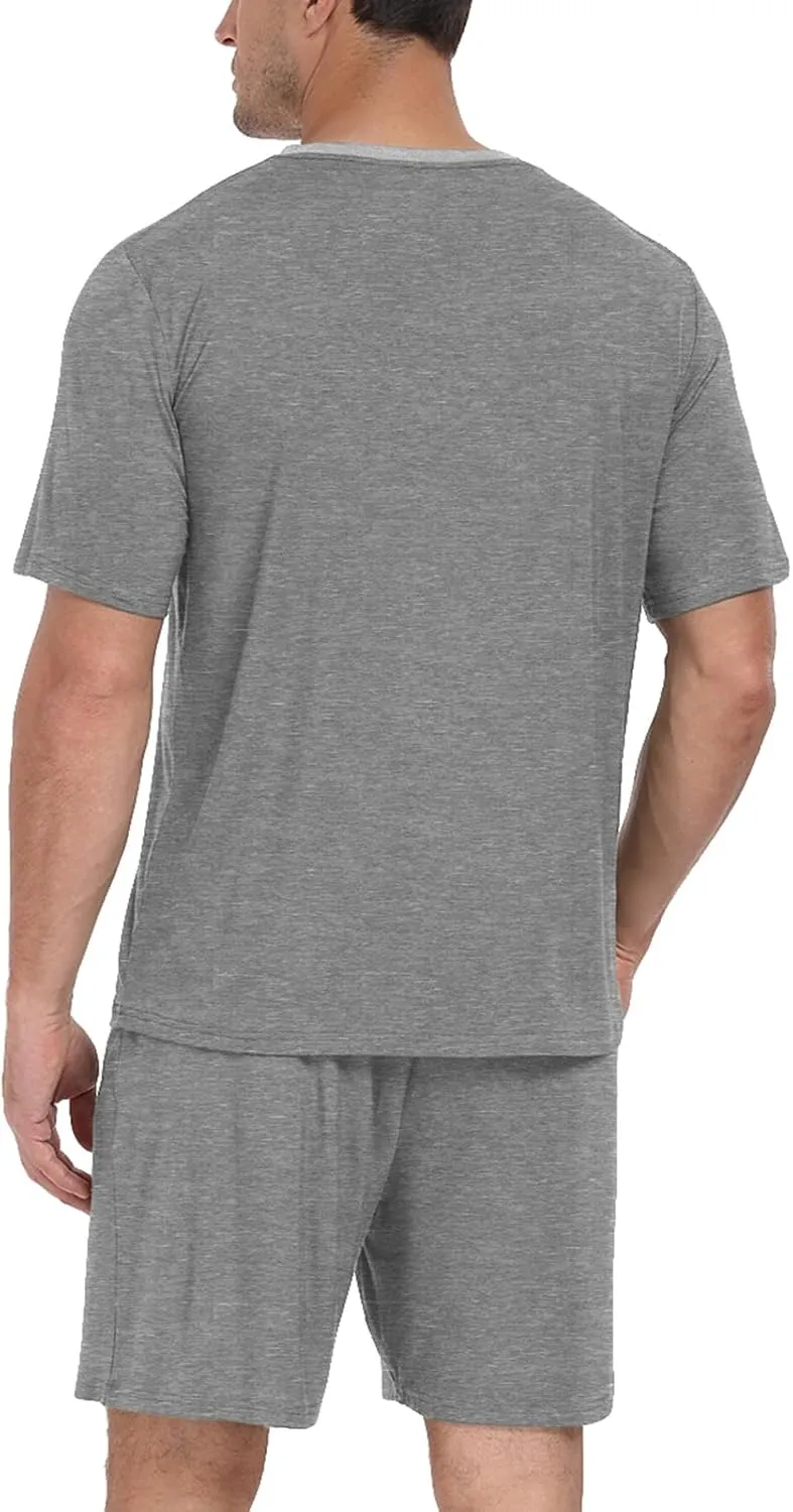 PrinStory Men's Pajama Set Sleepwear Pjs Lightweight Quick Dry Short Sleeve V-Neck Shirts and Shorts Soft Comfy Sleep Sets