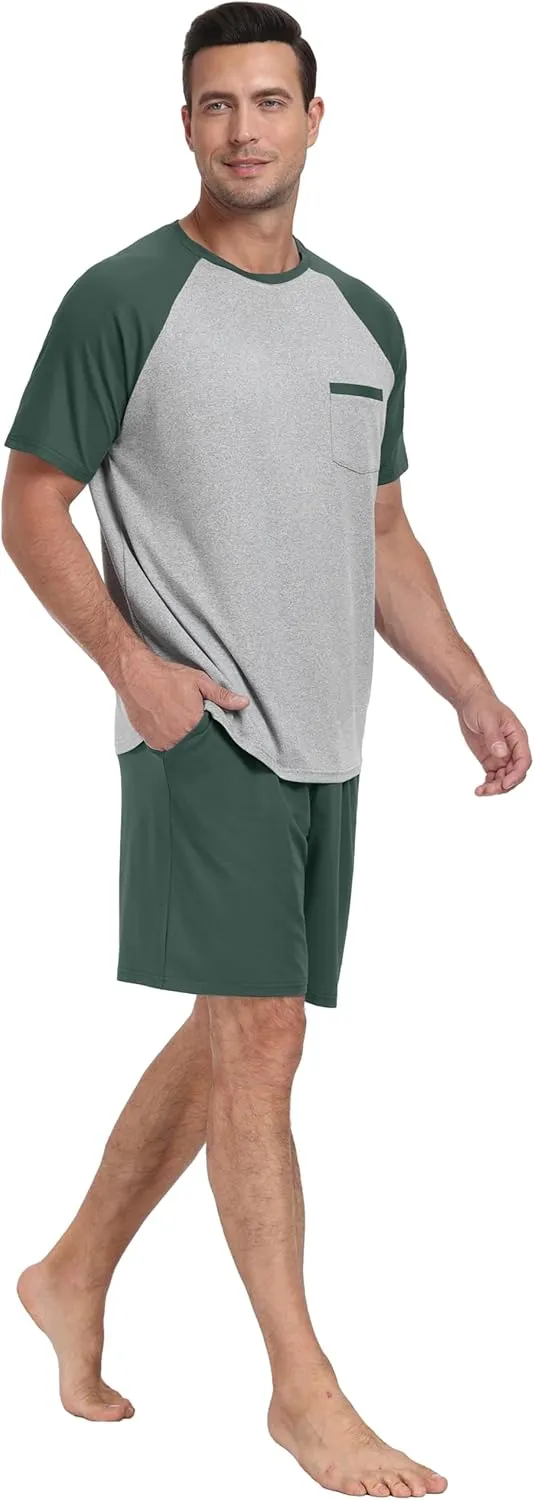 PrinStory Mens Pajama Set Summer Pjs Sleepwear Nightwear Lightweight Quick Dry Soft Short Sleeve Pjs Sleep Set With Pocket