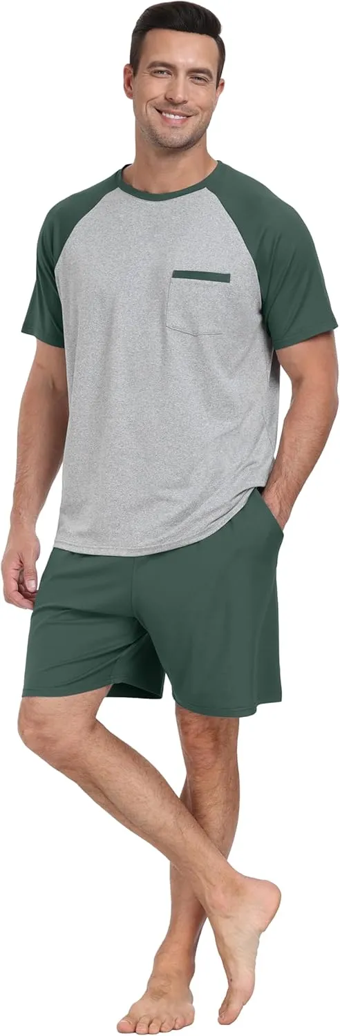 PrinStory Mens Pajama Set Summer Pjs Sleepwear Nightwear Lightweight Quick Dry Soft Short Sleeve Pjs Sleep Set With Pocket