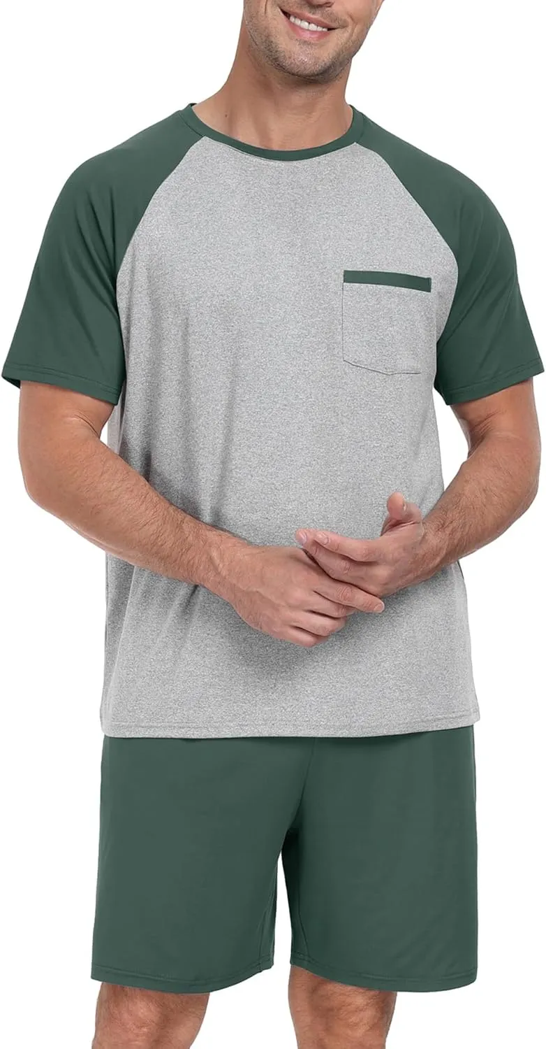 PrinStory Mens Pajama Set Summer Pjs Sleepwear Nightwear Lightweight Quick Dry Soft Short Sleeve Pjs Sleep Set With Pocket