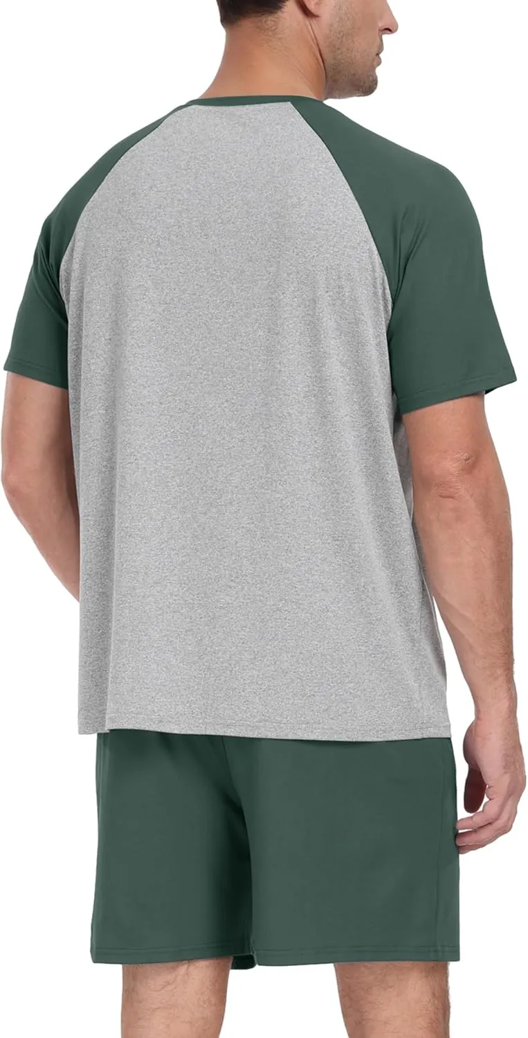 PrinStory Mens Pajama Set Summer Pjs Sleepwear Nightwear Lightweight Quick Dry Soft Short Sleeve Pjs Sleep Set With Pocket