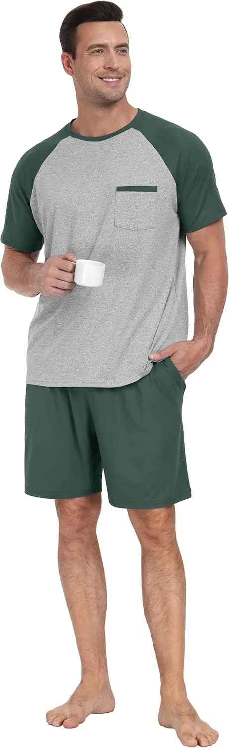 PrinStory Mens Pajama Set Summer Pjs Sleepwear Nightwear Lightweight Quick Dry Soft Short Sleeve Pjs Sleep Set With Pocket