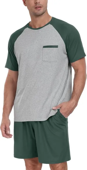 PrinStory Mens Pajama Set Summer Pjs Sleepwear Nightwear Lightweight Quick Dry Soft Short Sleeve Pjs Sleep Set With Pocket
