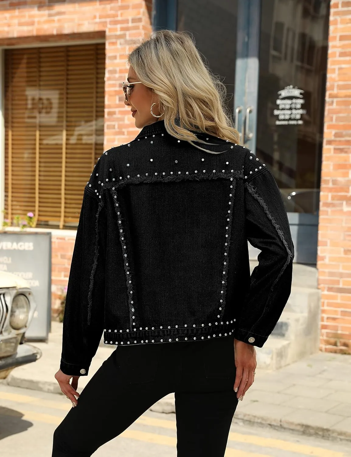 PUWEI Dressy Rivet Studded White Cropped Jean Jacket Women Western Distressed Washed Denim Coat