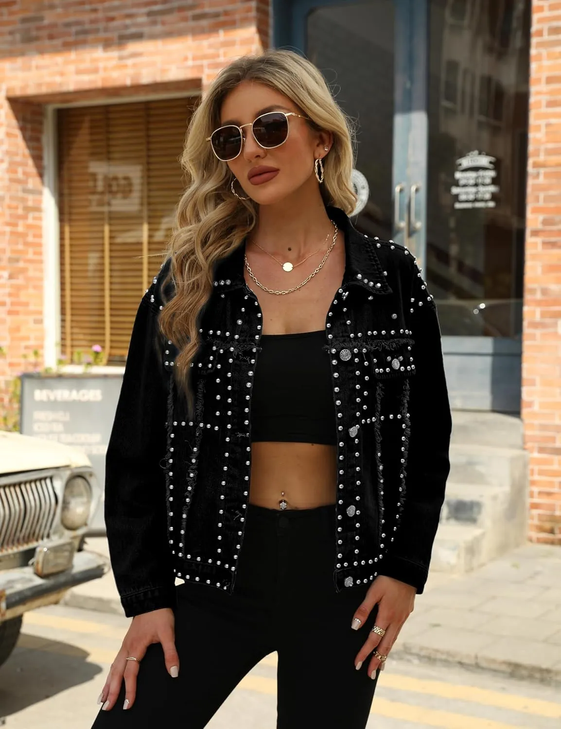 PUWEI Dressy Rivet Studded White Cropped Jean Jacket Women Western Distressed Washed Denim Coat