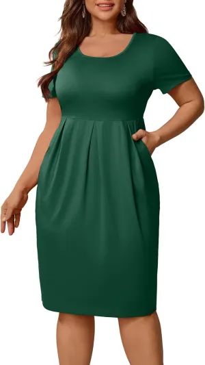 Runwind Plus Size Dresses for Curvy Women Church Cocktail A Line Wedding Guest Midi Dress Short Sleeve with Pockets Green