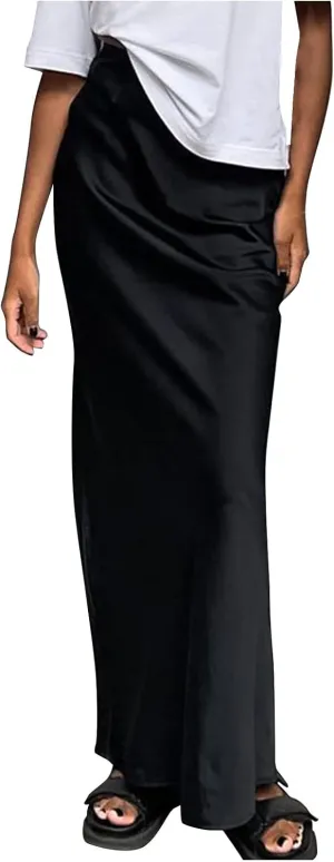 Satin Maxi Skirt for Women High Waist Silky Elegant Zipper Ankle Length Slim Solid Color Bodycon Fishtail Skirts