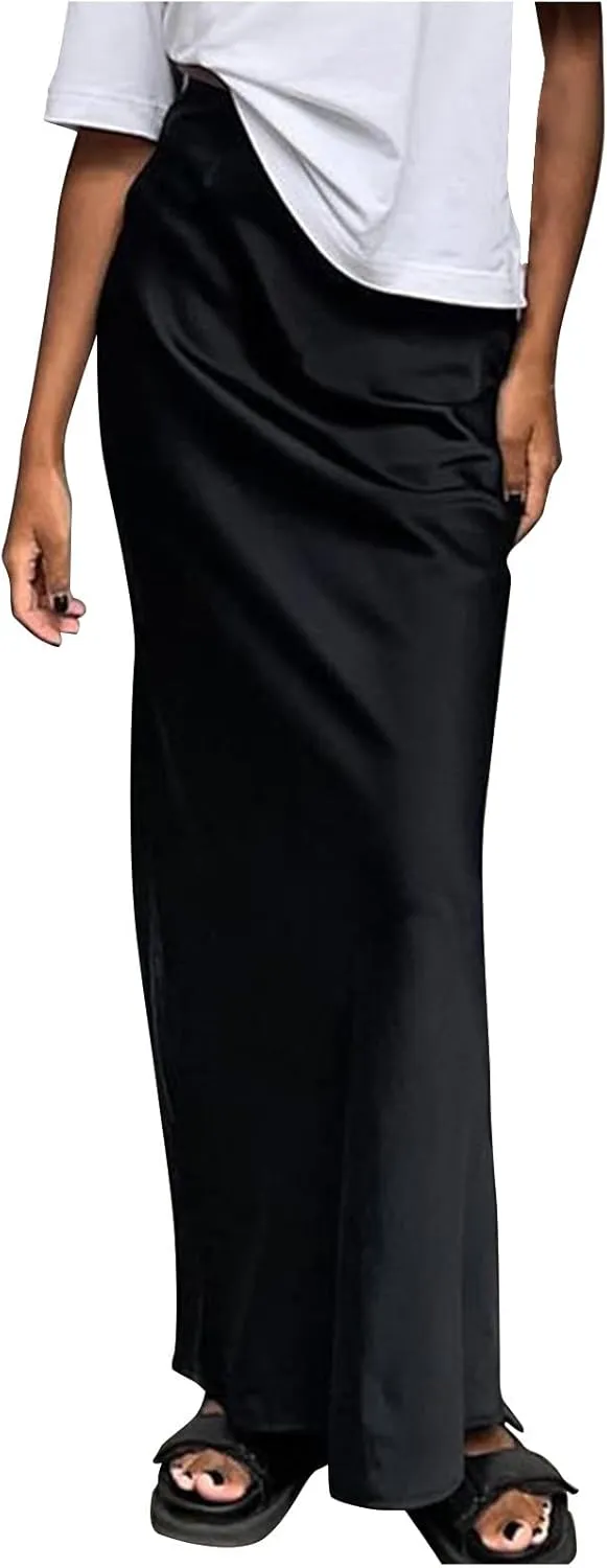 Satin Maxi Skirt for Women High Waist Silky Elegant Zipper Ankle Length Slim Solid Color Bodycon Fishtail Skirts