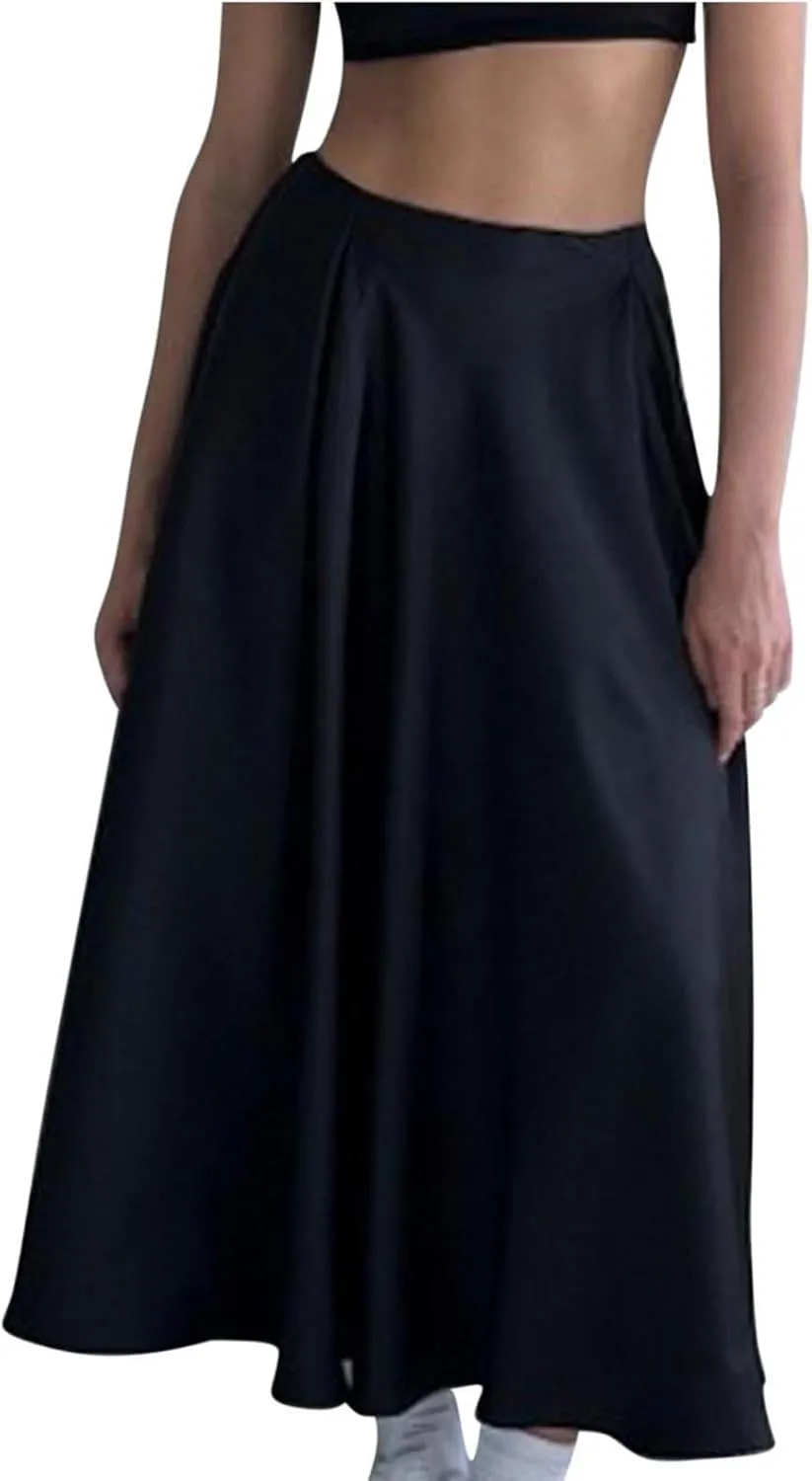 Satin Skirts for Women Solid Elastic High Waist A-Line Floor Length Skirt Summer Elegant Flowy Party Cocktail Skorts