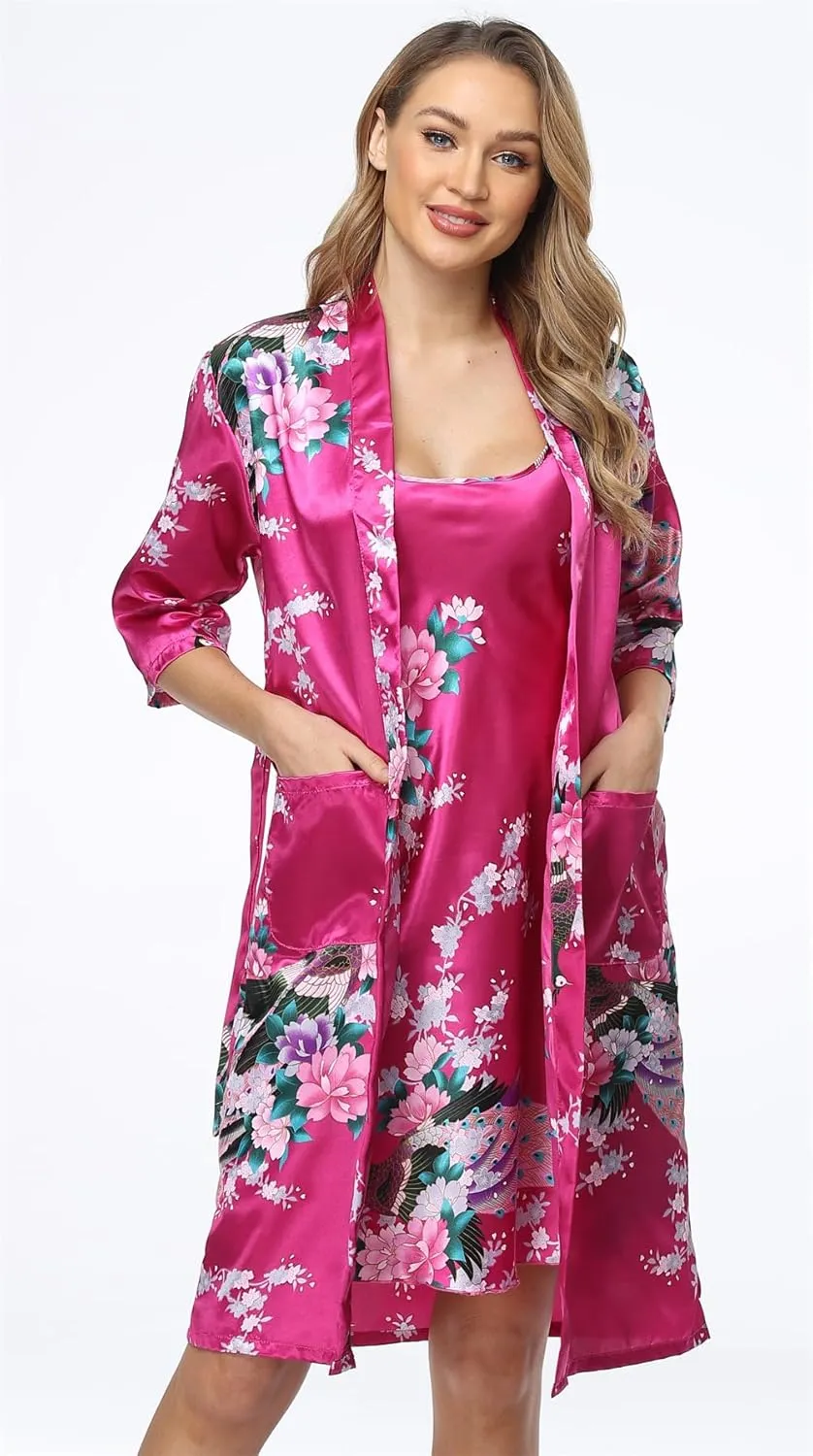 Satin Women's Kimono Robe Gorgeous Loungewear 2PC Set Sleepwear Camisole & Robe