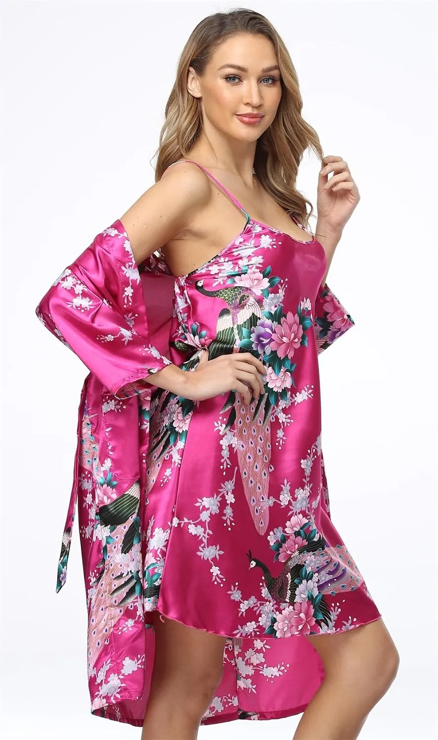 Satin Women's Kimono Robe Gorgeous Loungewear 2PC Set Sleepwear Camisole & Robe