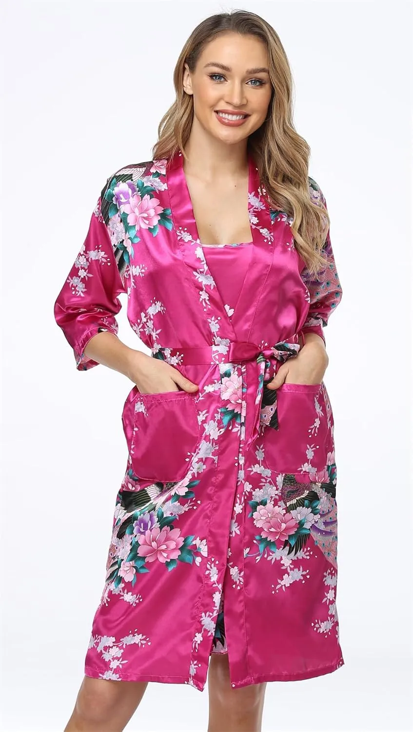 Satin Women's Kimono Robe Gorgeous Loungewear 2PC Set Sleepwear Camisole & Robe