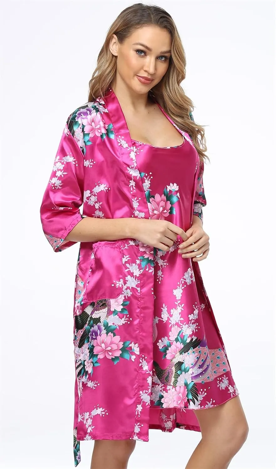 Satin Women's Kimono Robe Gorgeous Loungewear 2PC Set Sleepwear Camisole & Robe