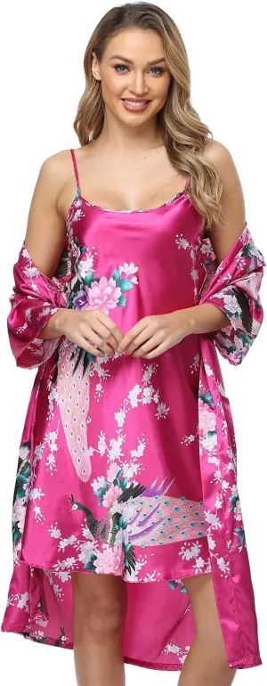 Satin Women's Kimono Robe Gorgeous Loungewear 2PC Set Sleepwear Camisole & Robe