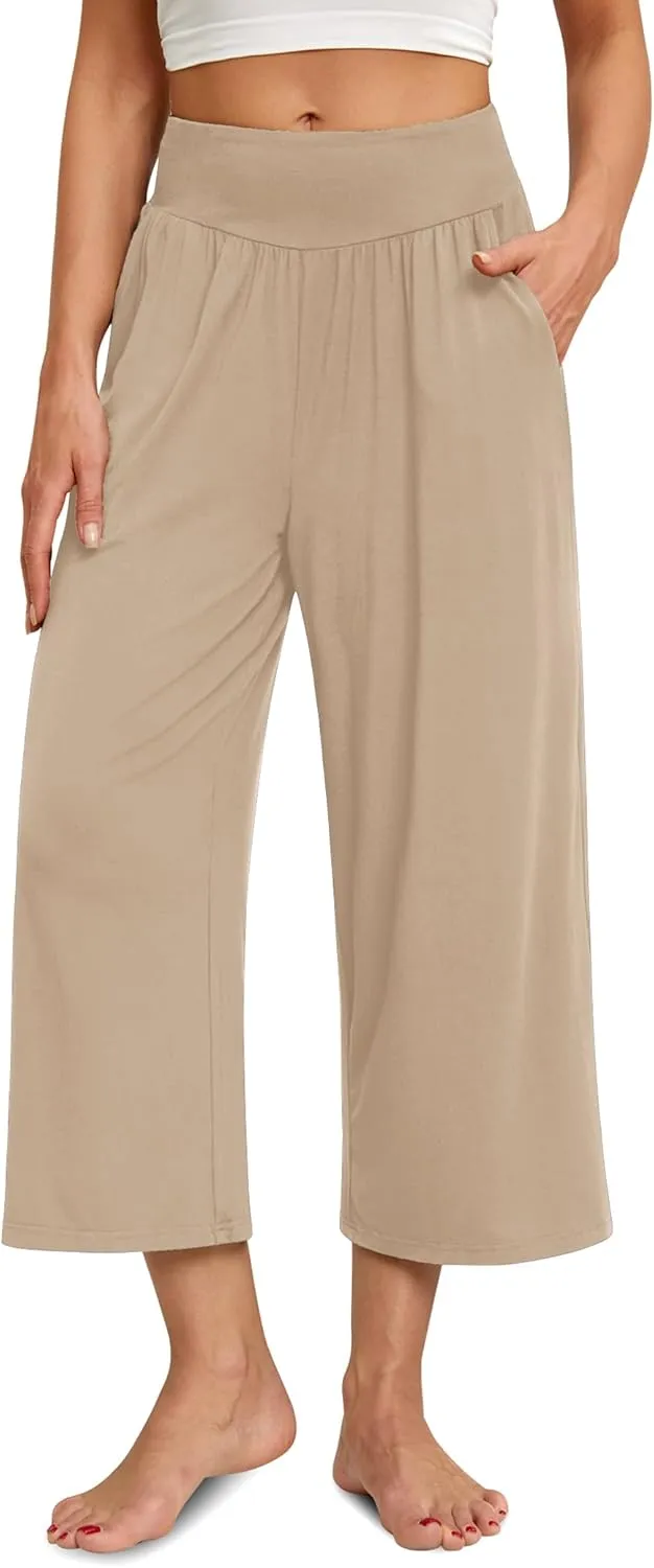 siliteelon Wide Leg Capri Pants for Women Lounge Pajama Pants Women Casual Loose Comfy Flowy Palazzo Pants with Pockets