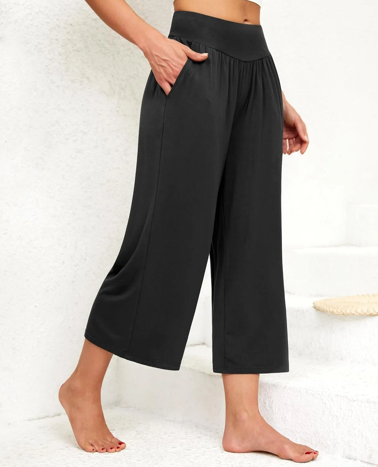 siliteelon Wide Leg Capri Pants for Women Lounge Pajama Pants Women Casual Loose Comfy Flowy Palazzo Pants with Pockets