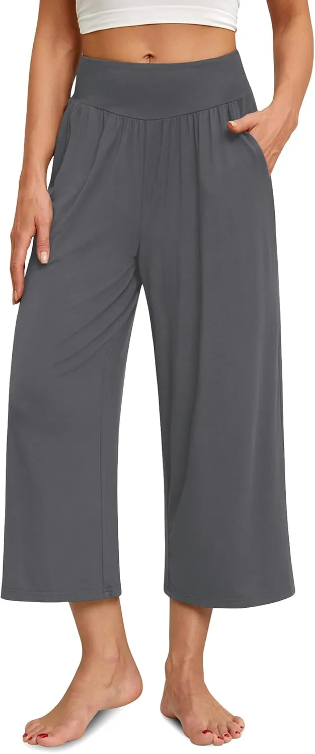 siliteelon Wide Leg Capri Pants for Women Lounge Pajama Pants Women Casual Loose Comfy Flowy Palazzo Pants with Pockets