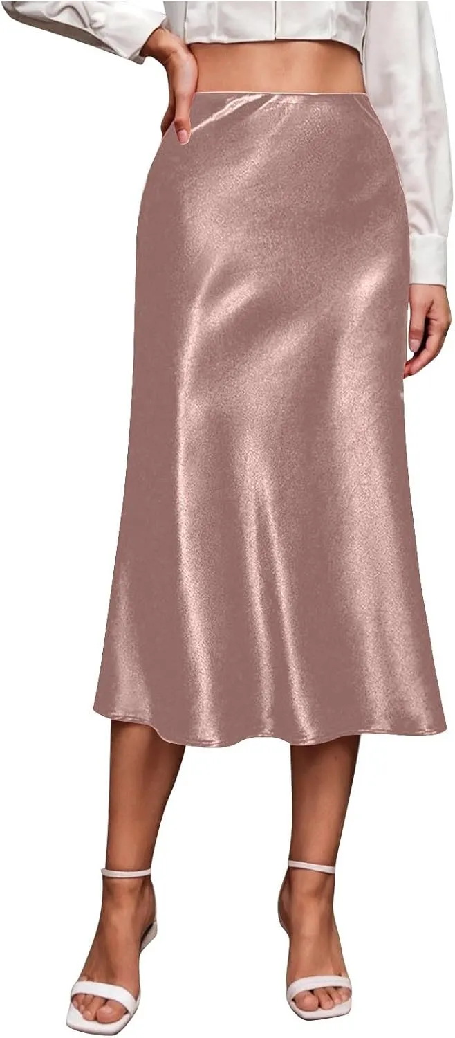 Silk Skirts for Women Satin High Waisted Midi Skirt Elegant A Line Skirt Business Casual Cocktail Party Dress 2025