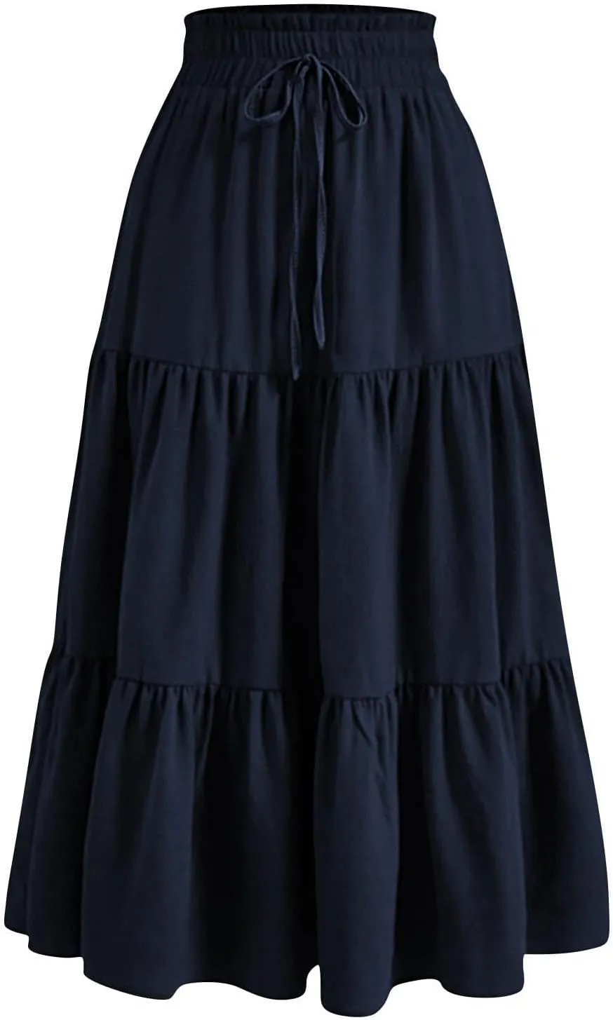 Skirts for Women Summer Boho Maxi Skirt Flowy Ruffle Tiered Elastic High Waist Smocked Dresses Beach Casual Dress